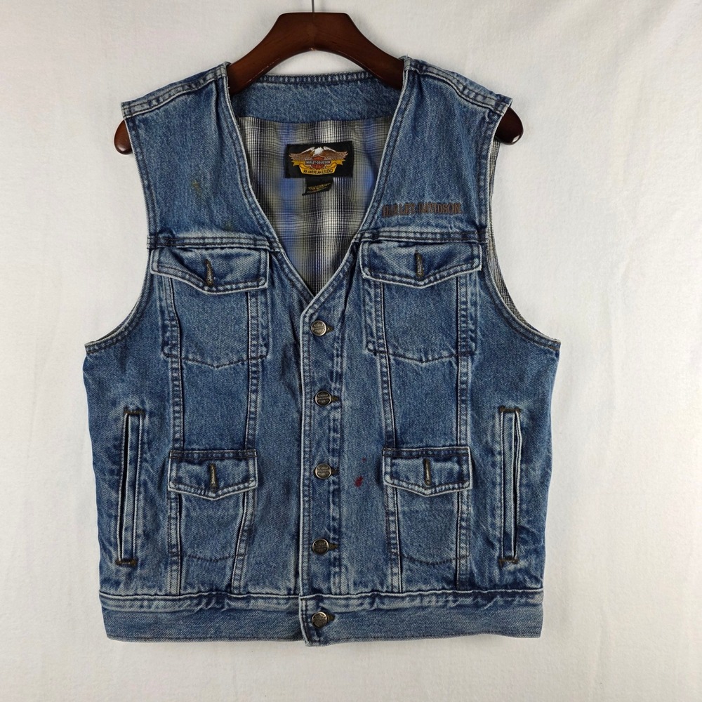 Harley Davidson Mens Blue Denim Flannel Lined Biker Vest Embroidered Small